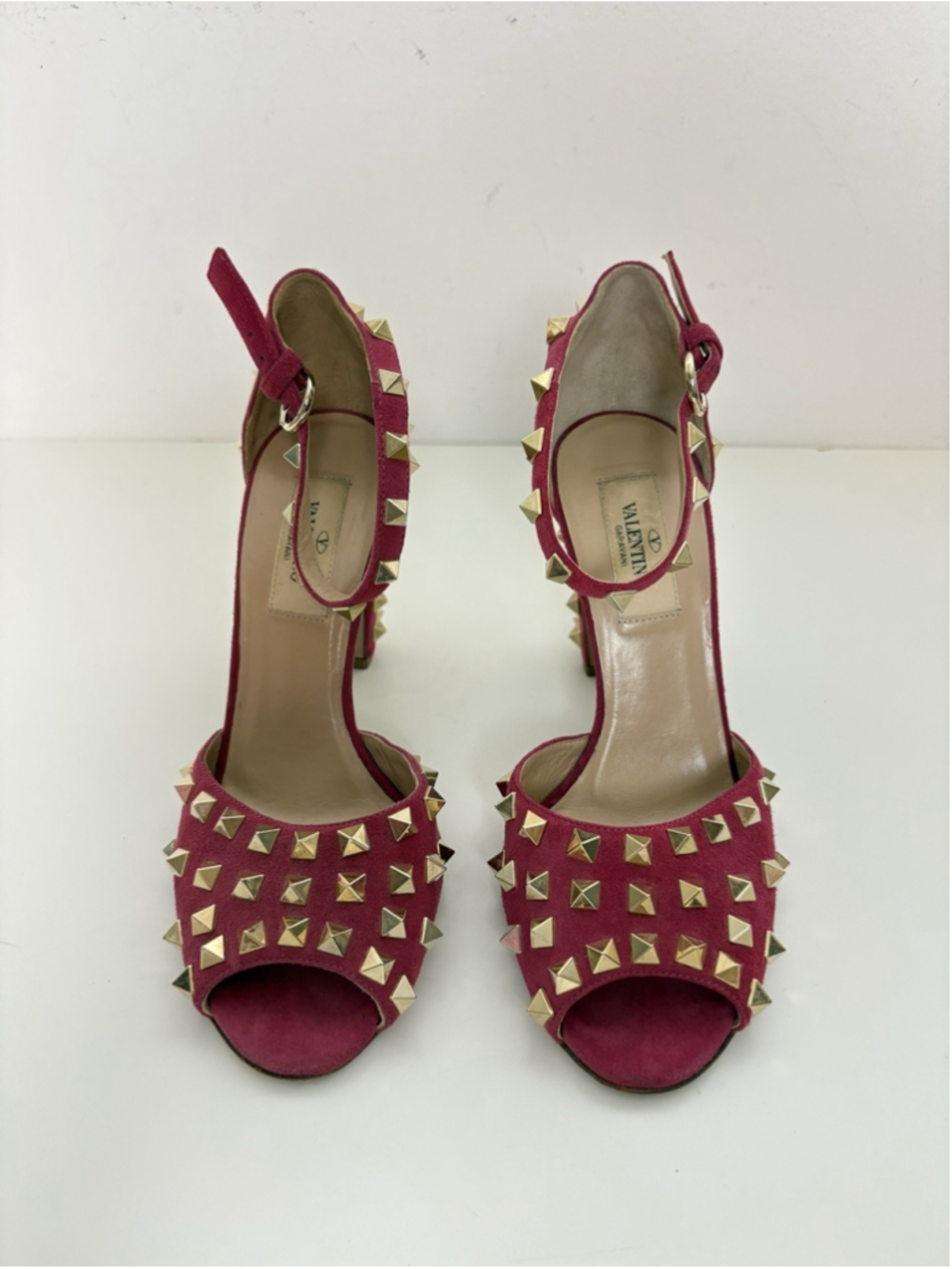 Valentino Garavani Rockstud Red Suede Ankle Strap Block Heel Sandals Pumps EU 36 - Picture 7 of 13